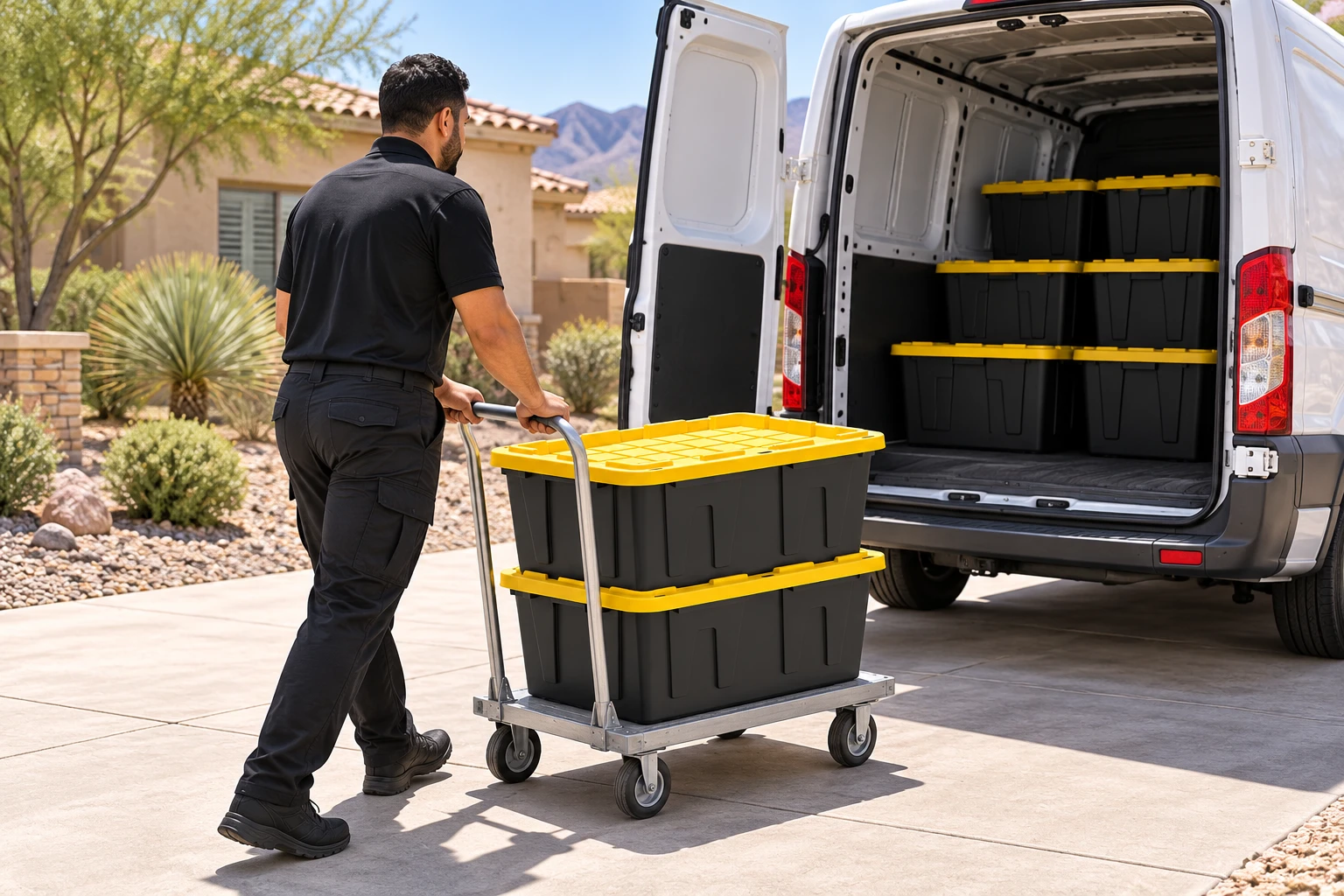 A worker unloading black totes with yellow lids from a delivery van.