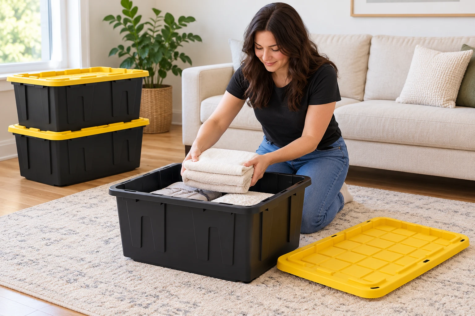 A person packing belongings into an open black tote.