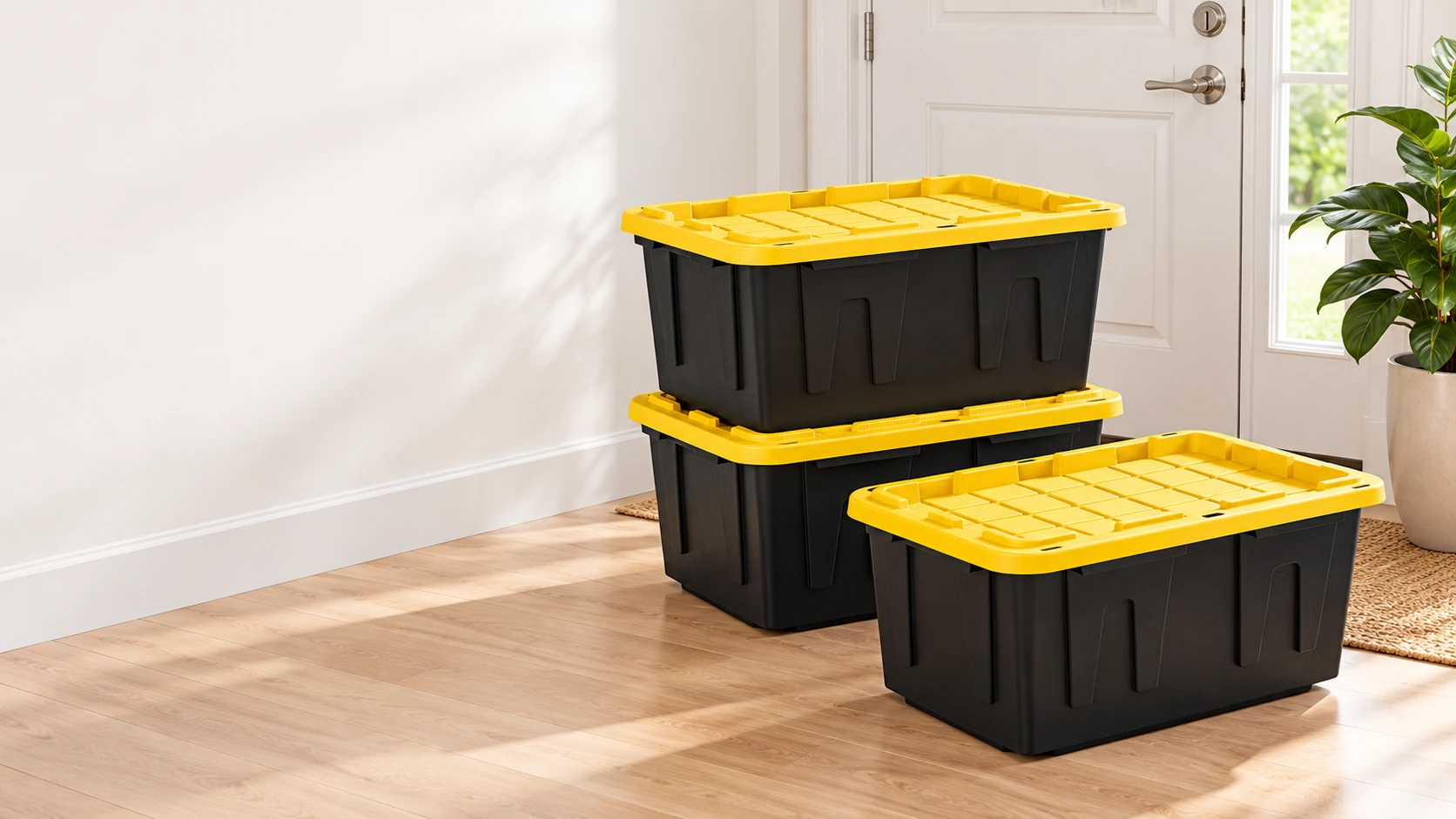 Black totes with yellow lids ready for pickup by a doorway.