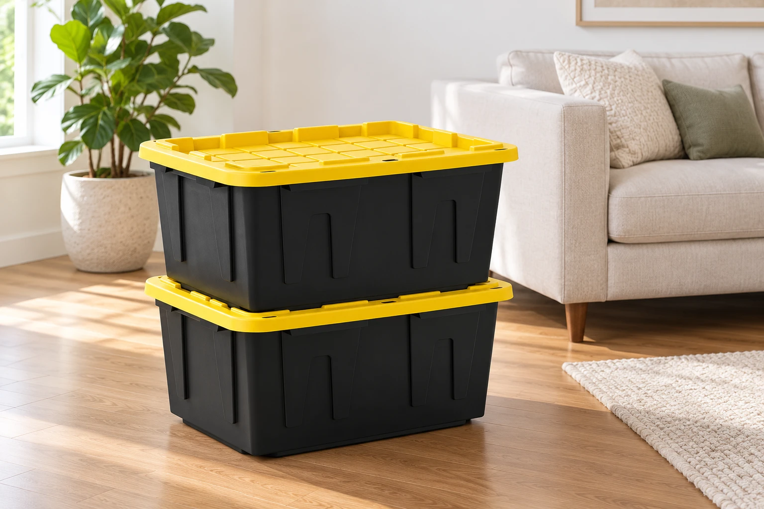 Two black totes with yellow lids stacked beside a sofa.
