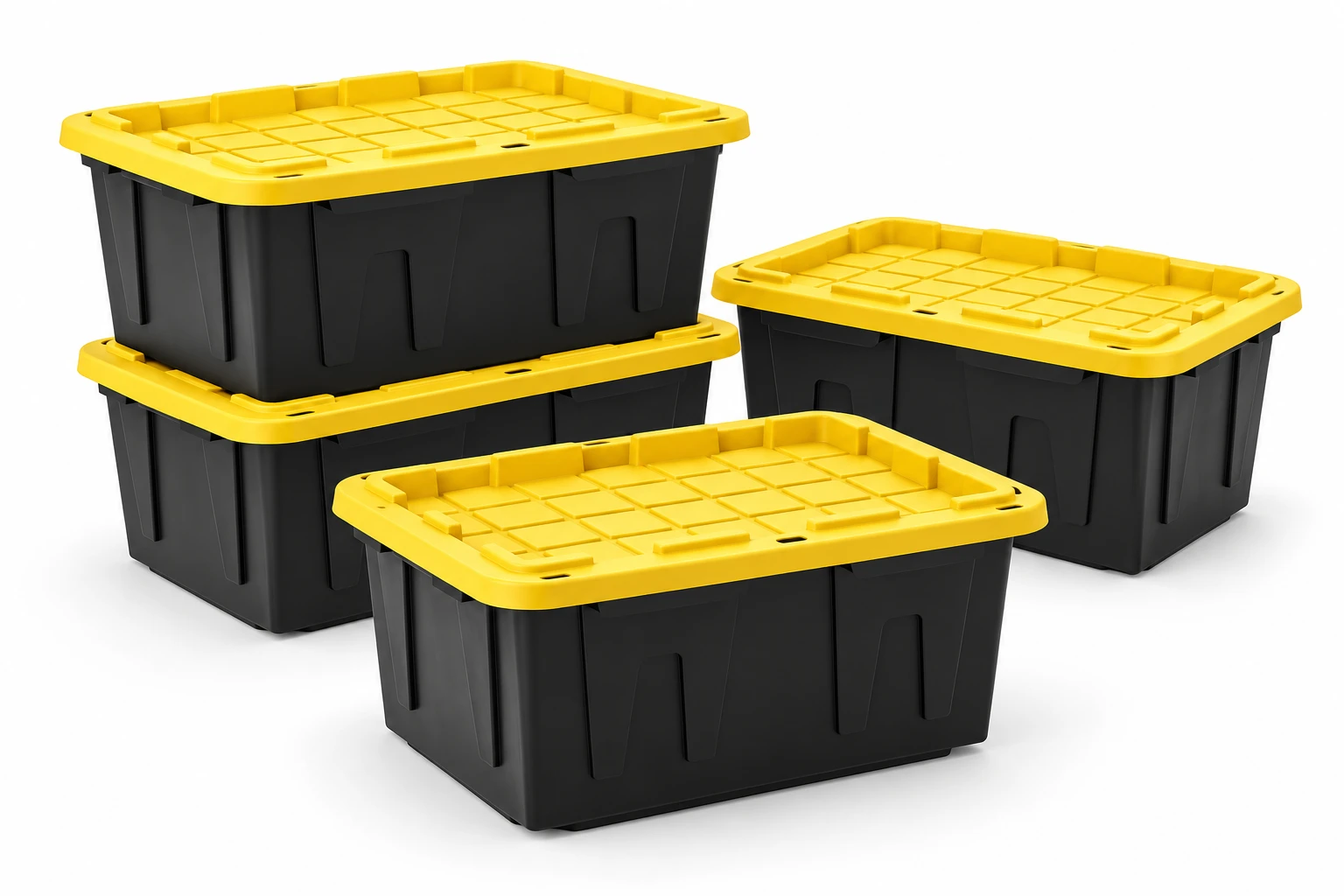 Stacked black moving totes with yellow lids on a white background.